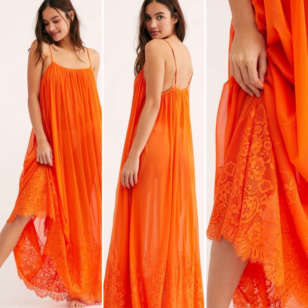 Free People we are HAH blood Orange Mad Maxi mesh scalloped lace trim slip Dress